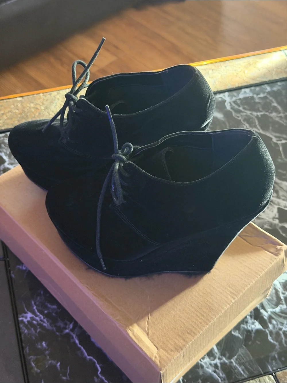 Women’s Black Suede Wedge Lace-Up Shoes